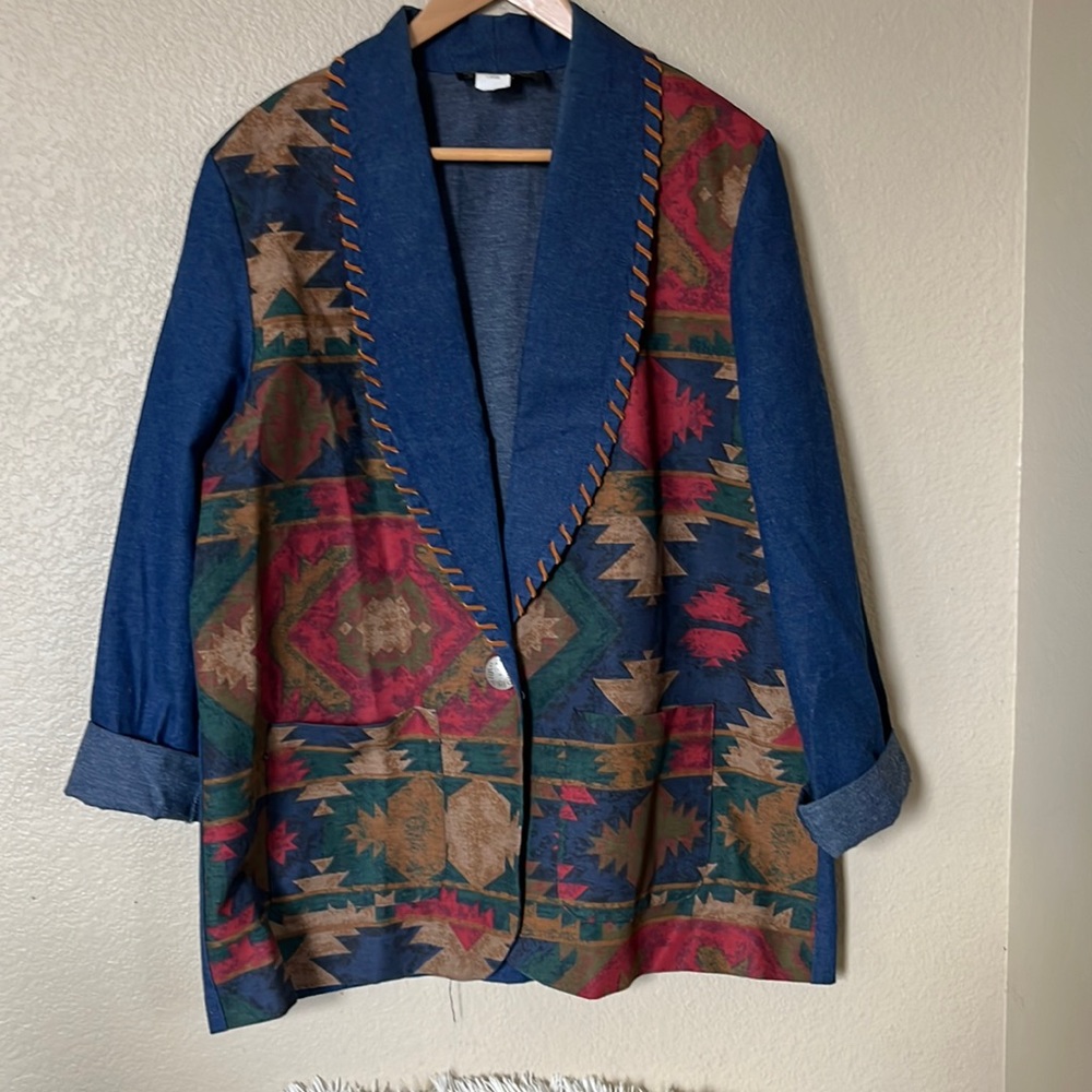 Diamond L Western Wear Patterned Denim Jean Jacket sz L
